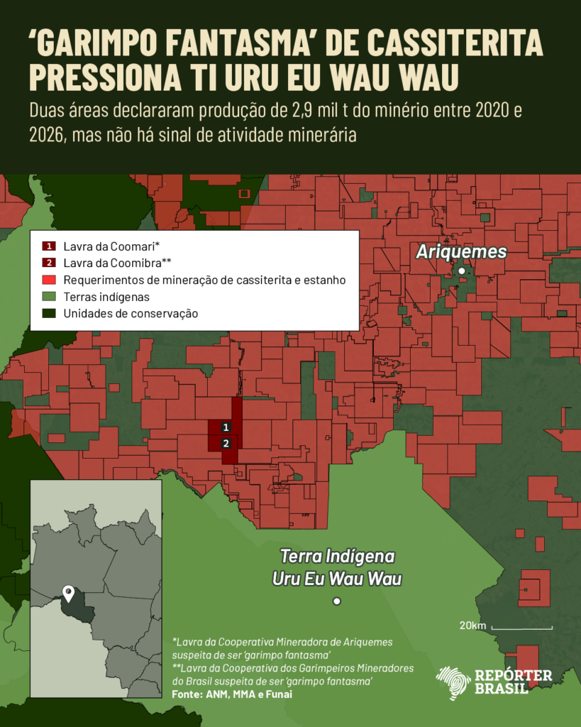 Mapa mostrando áreas de garimpos e terras indígenas em RO.